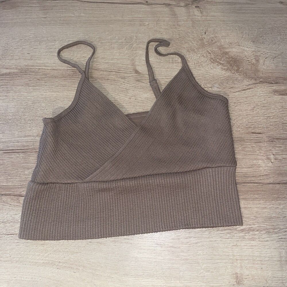 AURA Taupe Ribbed Knit Wrap Bralette Crop Top Clean Girl Neutral Minimalist S/M